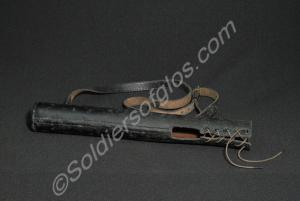 Black leather tube with carrying strap and a lace-