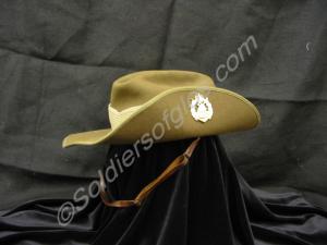 Khaki bush hat with leather chin strap and Austral