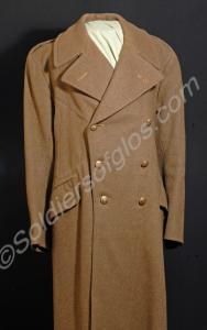 Khaki greatcoat with brass buttons and one red nar