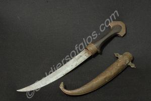 Indian knife and sheath with curved blade and wood