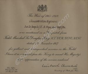 Mention in Despatches scroll to 2nd Lt. (Temp Lt.)