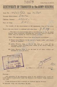 Certificate of Transfer Army Reserve (A.F.X. 202/