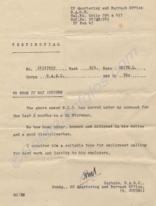Testimonial.  14327853 Sergeant Leslie James Smith