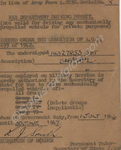 War Department driving permit.  14327853 Sergeant