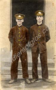 Colourised photograph of new recruits in brown can