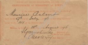 Birth Certificate of Maurice Calvert. 1896.  Later