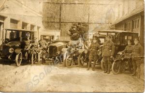Group of soldiers with motor-cars and motor-cycles