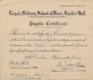 Certificate of Proficiency in the Violin from the