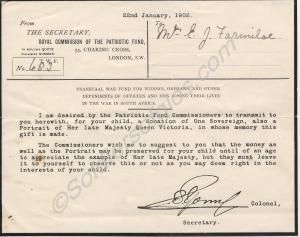Letter dated 1902 from the Transvaal War Fund for