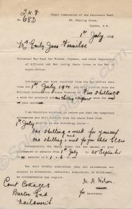 Letter dated 1901 from the Transvaal War Fund for