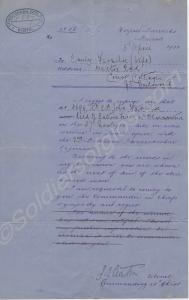 Letter dated 1900 from the Regimental Depot to Mrs