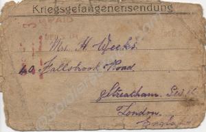 P.O.W. postcard informing his mother of his wherea