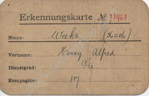 P.O.W. card.  36206 Private Henry Alfred Payne-Wee