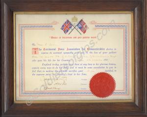 Framed memorial scroll to Mrs. E. Lewis on the los