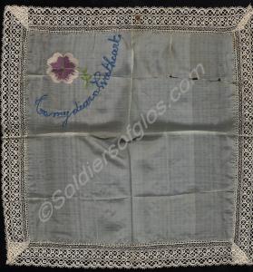 Three embroidered silk handkerchiefs. One is inscr