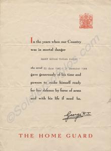Certificate from 'The Home Guard' to Harry Edward