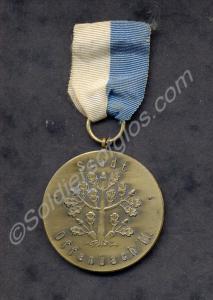 Bronze souvenir sports medal with blue and white r