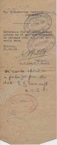 Request for release. 21st December 1918.  3188/265