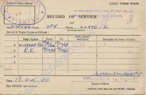 Record of Service card. 5178244 Private G. Lloyd.