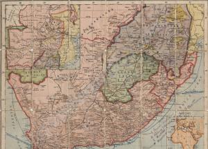 Linen backed colour map of South Africa. Map annot