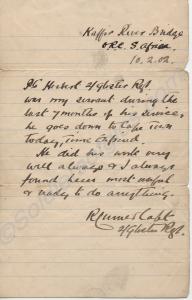 Hand written note by Captain R. Conner on behalf o