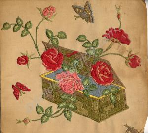 Needlework square mounted on card. Two Baskets of