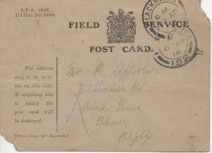 Field Service Post Card from Sgt. Apperley to his