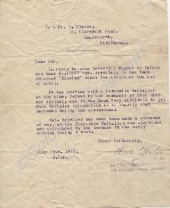 Letter to Mr. G. Clarke 1918 B.E.F. reporting Sgt.