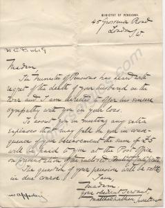 Letter Ministry of Pensions W.C.B.1061G to the wid