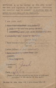 Field service postcard from 'Jack to Miss B. Wyatt