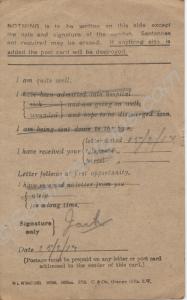 Field service postcard from 'Jack to Miss B. Wyatt