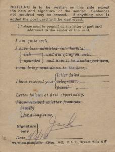 Field service postcard from 'Jack to Miss B. Wyatt