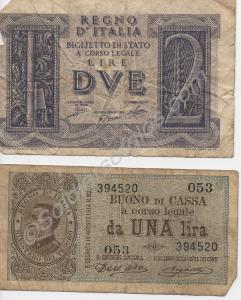 Italian one and two lire banknotes. Property of  2