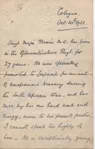 Testimonial written by Lieutenant-Colonel J.R. Wet
