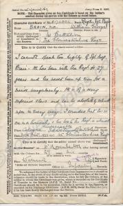 Character on Discharge Certificate.  4730 Regiment