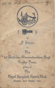 Rugby Tour Menu Card.  1st Battalion, The Gloucest