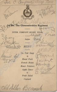 Rugby Tour Menu Card.  1st Battalion, The Gloucest