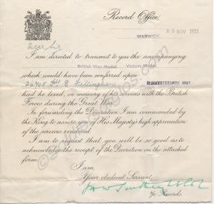 Decoration slip notifying award of medals from Rec