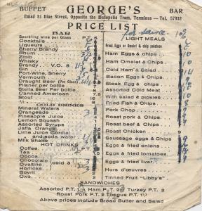 Price List for George's restaurant, Heliopolis. Eg