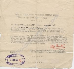 Form of Authorisation for British Military Police.