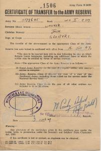 Certificate of transfer to the Army Reserve, dated