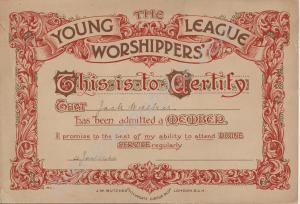 Membership Certificate of the Young Worshippers' L