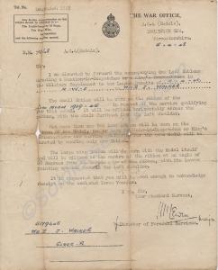 Letter from Medals Office referring to the Mention
