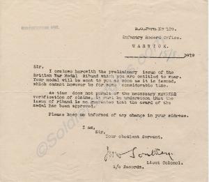Notification of the award of the British War Medal