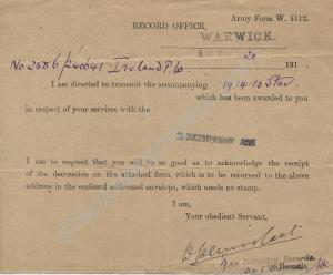 Notification of the award of the 1914-15 Star, dat