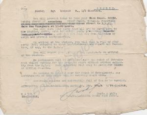 Travel instructions, dated 25th November 1918. 258