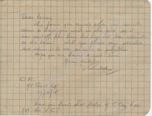 Letter to 'Percy' referring to Miles' V.C. Letter