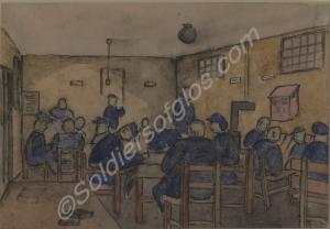 Pencil and watercolour sketch of P.O.W.s in Korea