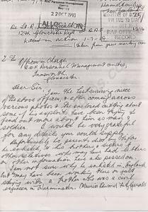 Photocopy of a letter dated 1993 concerning Lieute