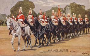 The Life Guards marching through the park. Postcar